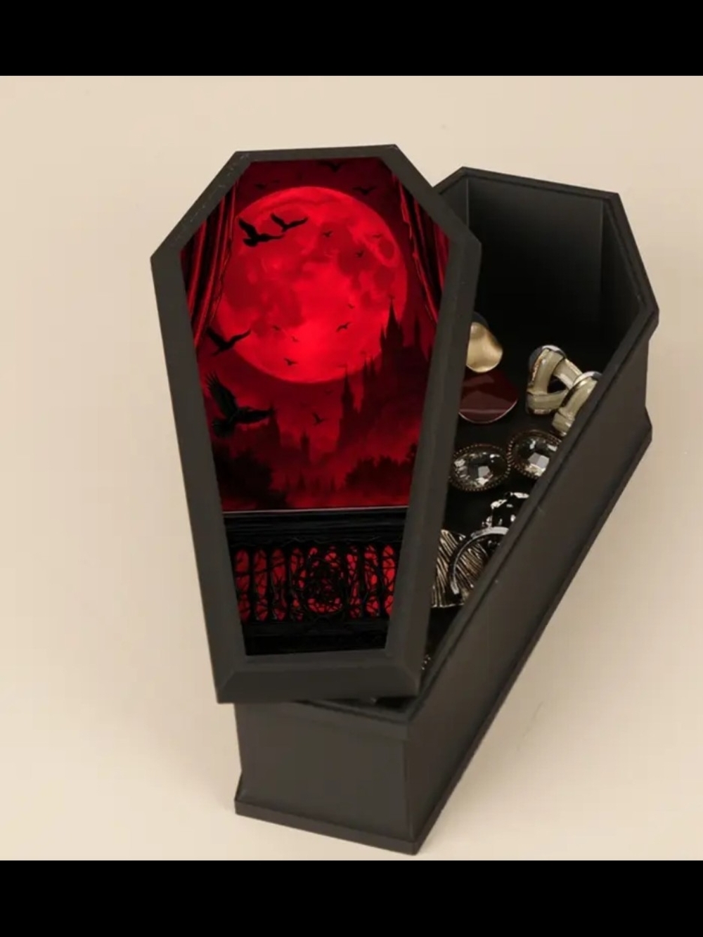 Gothic Coffin Jewelry Box with Red Moon Artwork